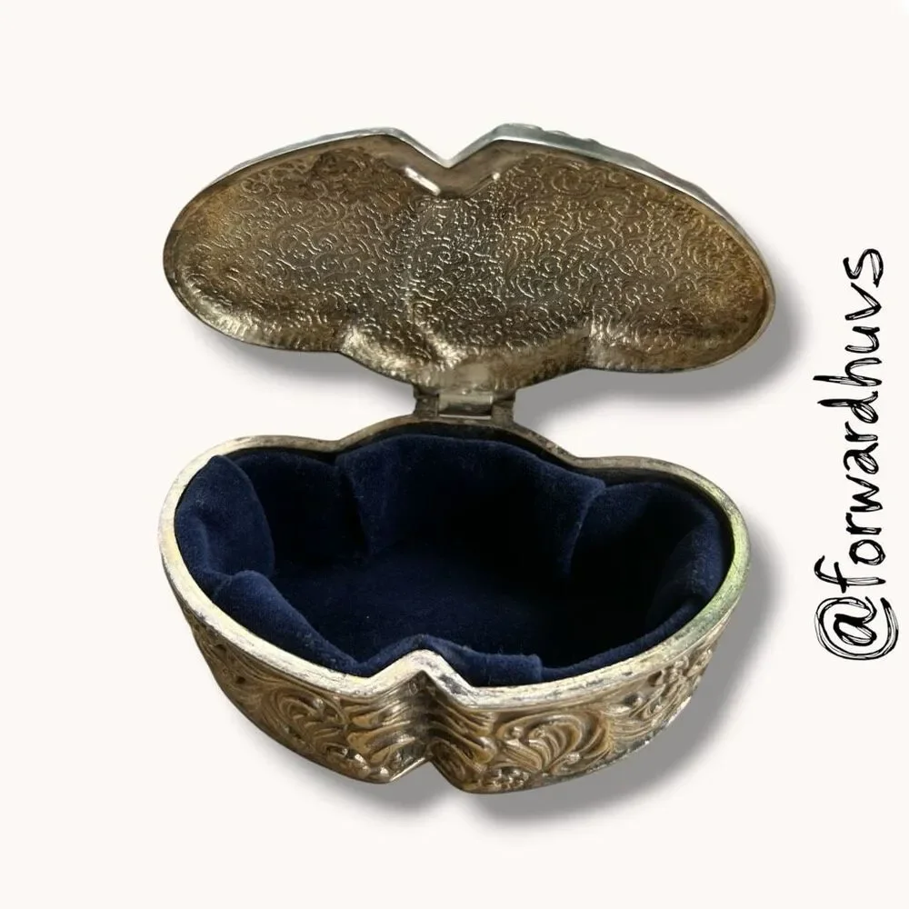 Vintage Ornate Double Heart Silver Tone Hinged Trinket Box Blue Velvet Lined